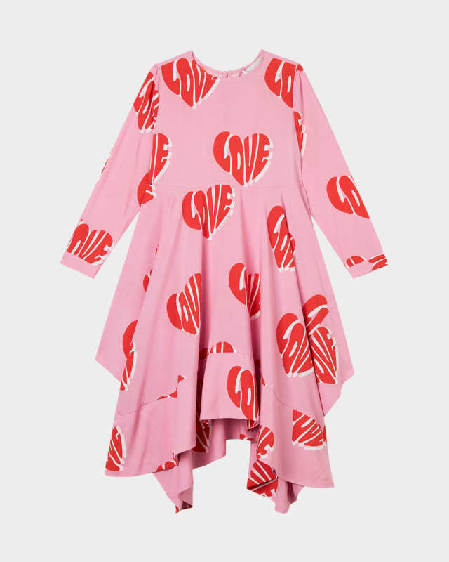 Girl's Long-Sleeve Love Heart-Print Dress, Size 4-8